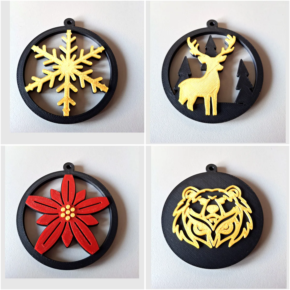 Real BOWLDER black and gold flat Christmas ornaments: stag, snowflake, poinsettia and bear-owl